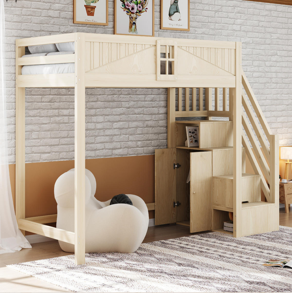 HOCHBETT aus 90x200 cm Naturholz mit austauschbarer Leiter, Stauraum und Sicherheitsumrandung - Naturfarben, Holzwerkstoff (90/190cm) - Modfu