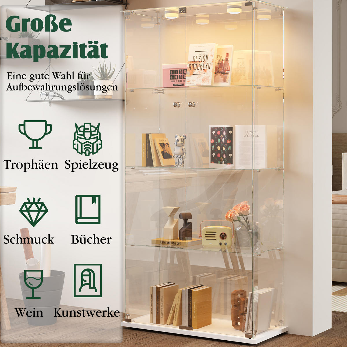 GLASVITRINE LED mit 2 Türen, 4 Regalen, Schloss, Weiß für Wohnzimmer - Weiß, Holz (35/163/78.5cm)