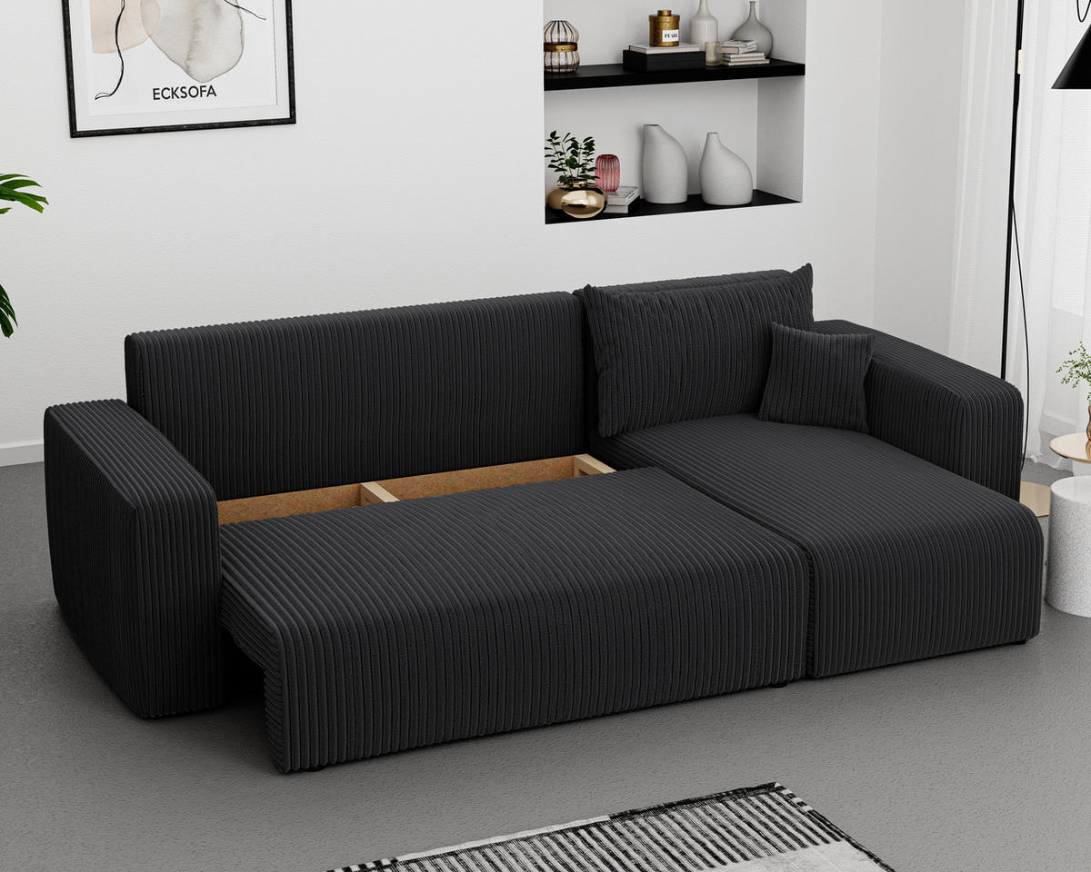 ECKSOFA Dunkelgrau Cord-Stoff mit Bettkasten - Dunkelgrau, Textil (248/145cm) - Idohome
