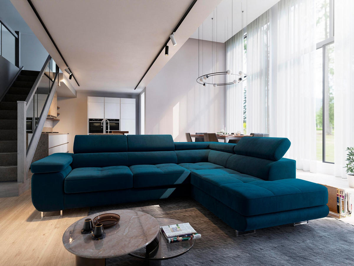 ECKSOFA SELVA R-S Blau Velours-Stoff mit Schlaffunktion - Blau, Holz (275/202cm) - MASSENO