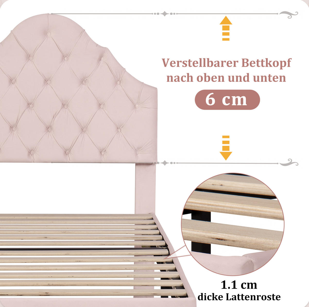 POLSTERBETT 90/200 cm mit Lattenrost und höhenverstellbarem Kopfteil aus Samt, klassische Knopfheftung, Rosa - Rosa, Textil (90/200cm) - Redom