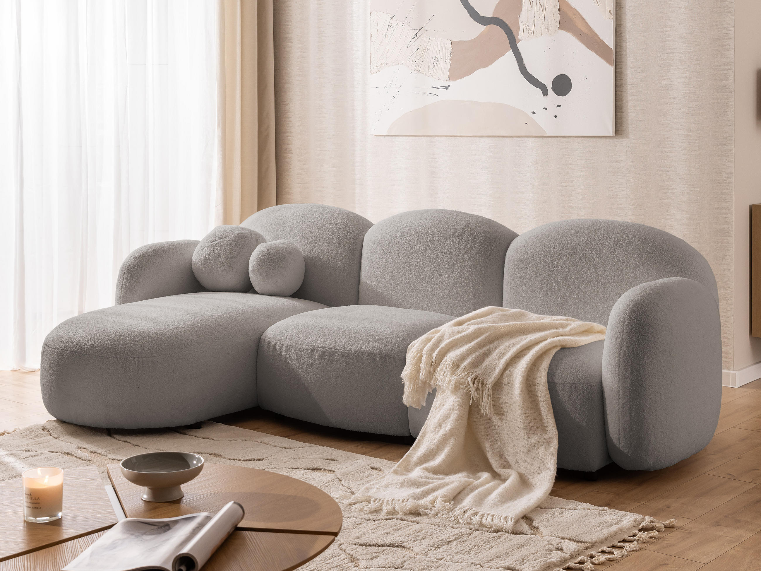 ECKSOFA Nuvola mit abgerundetem Design Hellgrau Bouclé-Stoff - Ottomane Links - Hellgrau/Schwarz, Holz/Kunststoff (268/146cm) - S-Style Möbel
