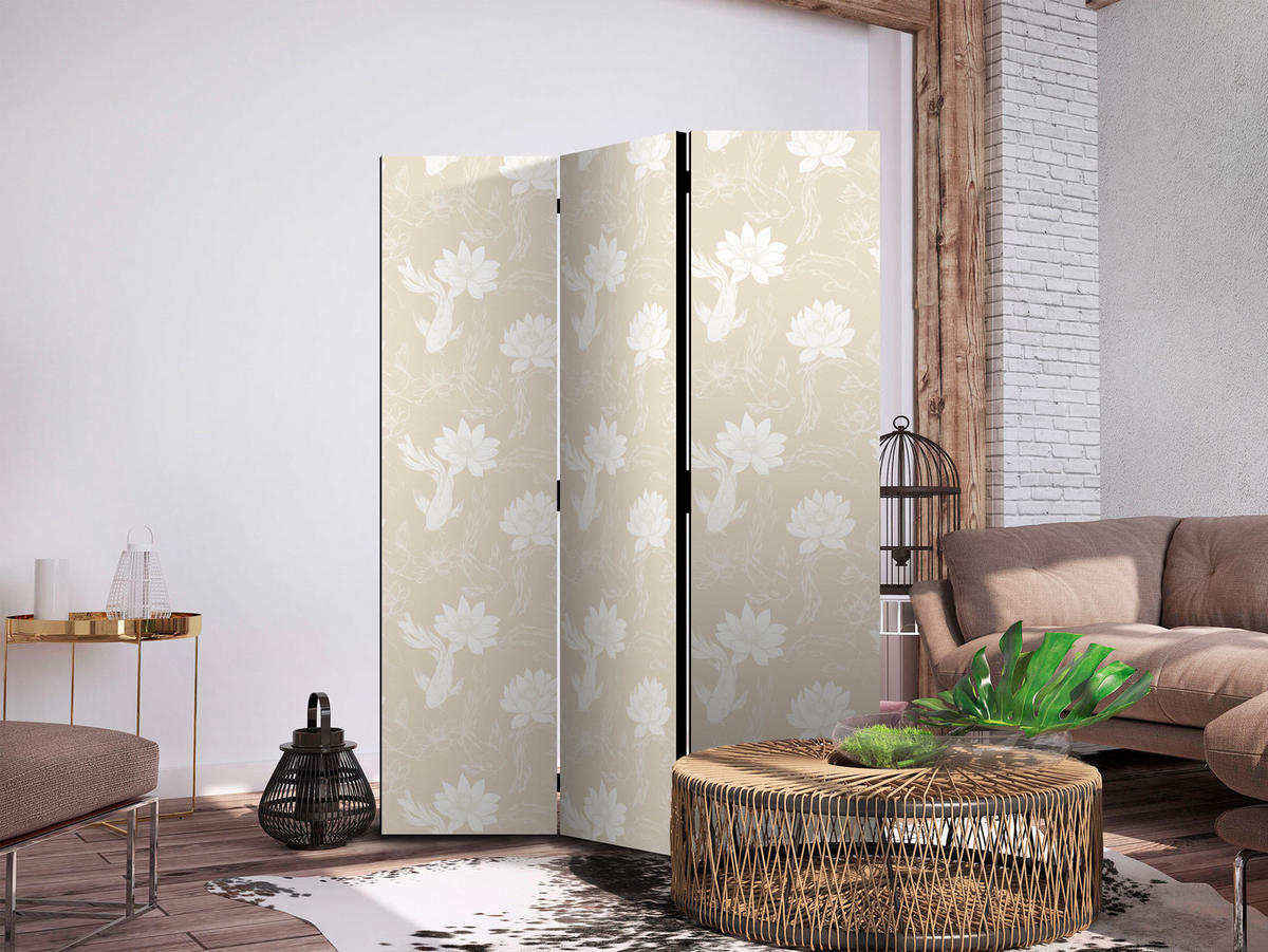 PARAVENT Einseitig Bedruckter 3-tlg 135x172 cm Kois und Blumen Boho - Beige, Holz/Textil (135/172/3cm) - Muralo