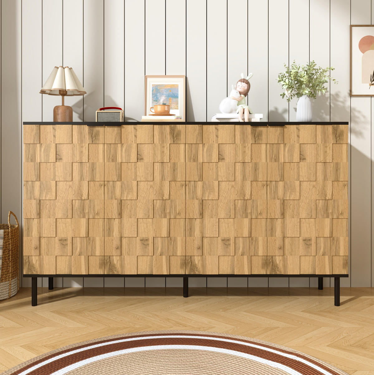 SIDEBOARD 160/35/80,5 cm mit 2 Türen in Natur/Schwarz & Mosaikfronten - Naturfarben, Holzwerkstoff (160/80/35cm) - BEAOK