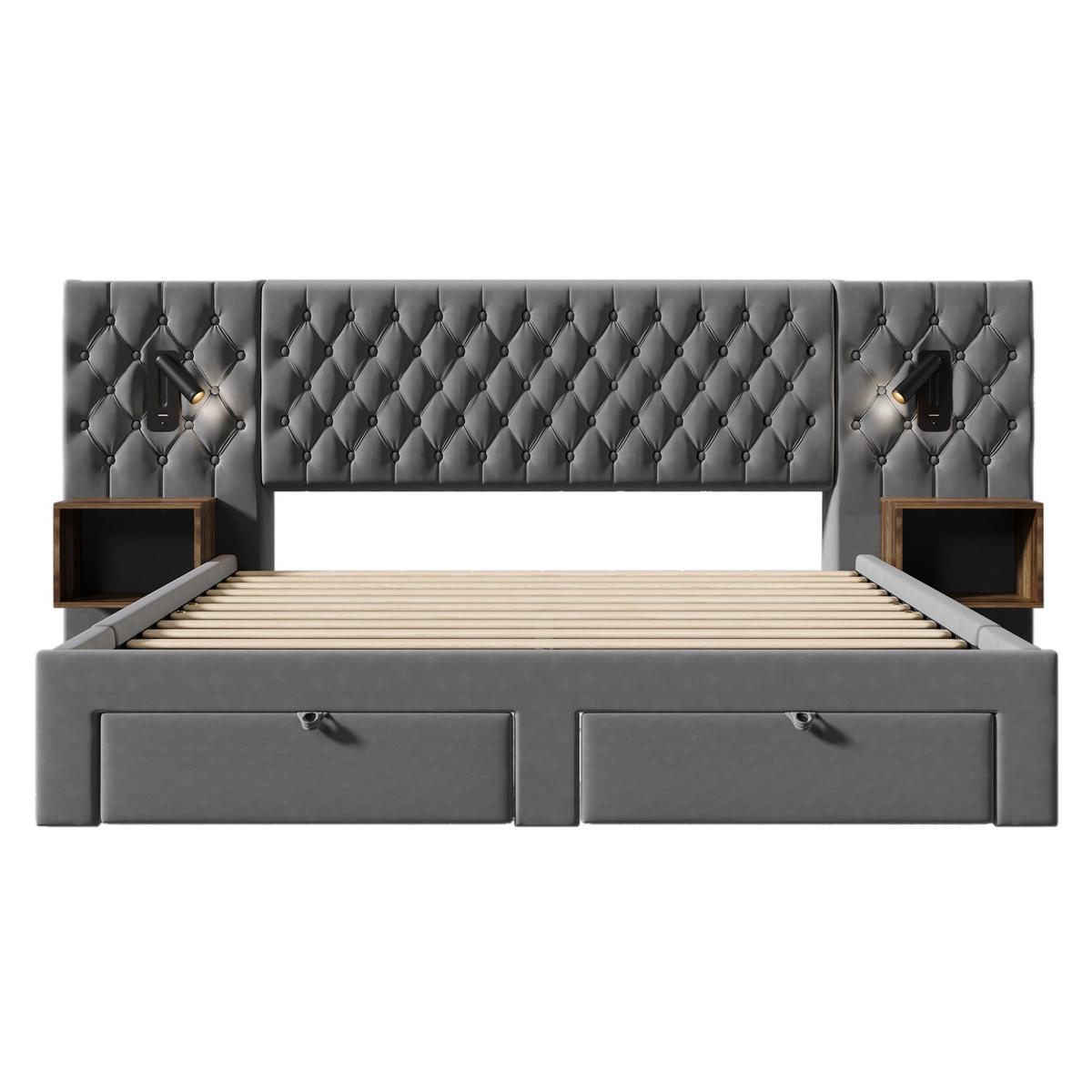 POLSTERBETT 180/200 cm aus Samt mit 2 Nachttischen, 4 Schubladen, Leselicht und USB/Type-C, Grau - Grau, Textil (180/200cm) - Redom