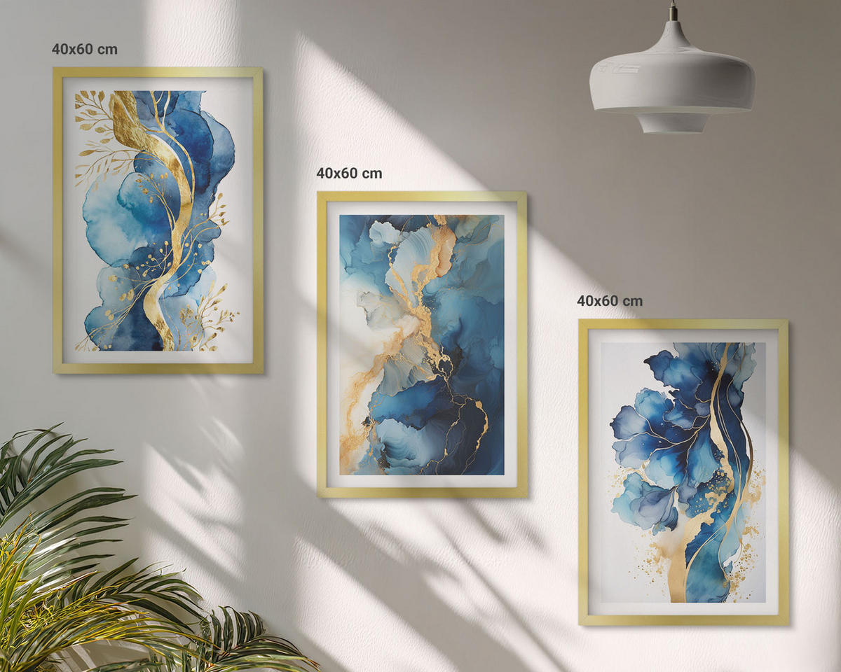 BILDER SET 3er Set - 40x60 cm Goldrahmen - Blaue abstrakte Muster - Goldfarben, Kunststoff (40/60cm) - TULUP