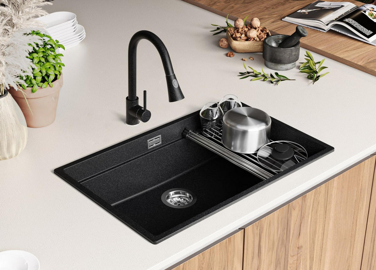 SPÜLBECKEN Praga Slim, 2-er set Anthrazit 76/47 cm 1 Becken + Ablauf-Set + Aufrollbare Abtropffläche ab 80er Unterschrank - Chromfarben/Anthrazit, Kunststoff (76/20/47cm) - Primagran