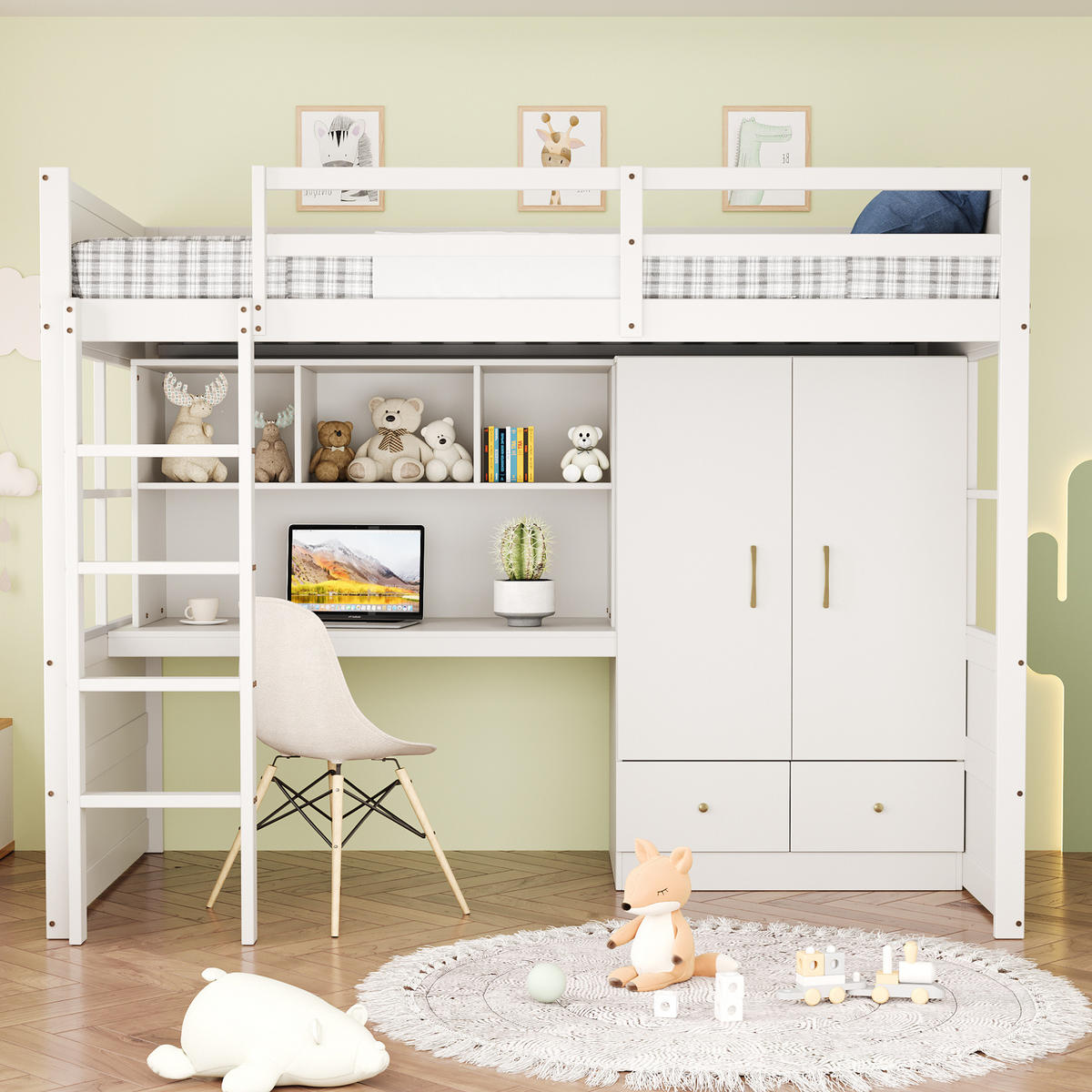 HOCHBETT 90/200 cm in Weiß mit Schreibtisch, Kleiderschrank und Schubladen - Weiß, Holzwerkstoff (90/200cm) - Flora Grace