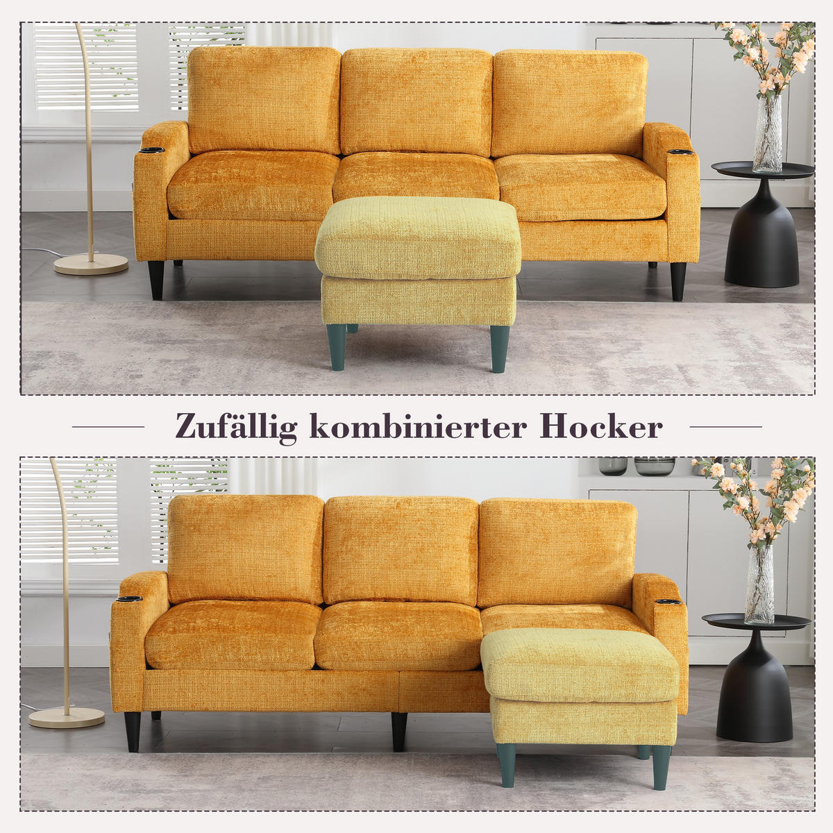 ECKSOFA 163/121/66 cm Gelb mit 1 Aufbewahrungshocker, Aufbewahrungstasche und Getränkehalter - Gelb, Textil (196.5/75cm) - Oxeza