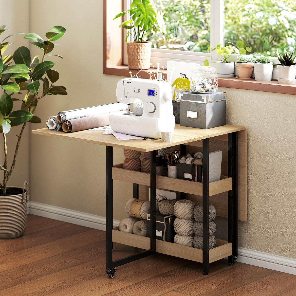 KLAPPTISCH Eichefarben mit Rollen und Ablagefächern 133/80/75 cm - Eichefarben, Holz (80/133.4/75cm) - PANGIVO