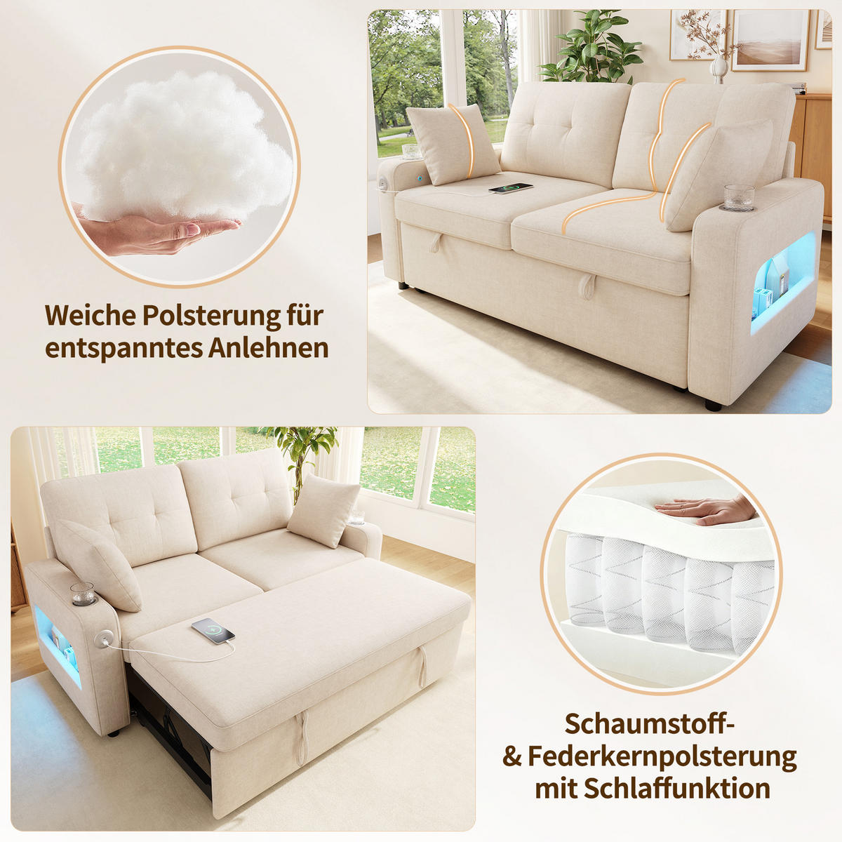 SOFA NA RAZVLAČENJE 2-sjedalo u bež boji s funkcijom spavanja, chenille - bež/crna, drvni materijal/tekstil (141.5/83.5/131cm) - CHICFURN