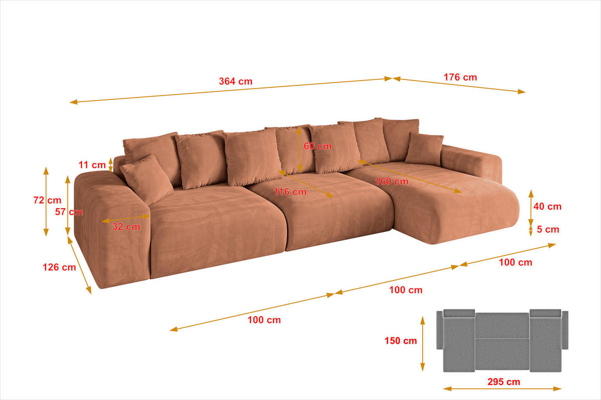 ECKSOFA Ottomane rechts ESKAR-L 364x176x84 Koralle Velours - Koralle/Schwarz, Holzwerkstoff/Kunststoff (176/364cm) - ALTDECOR