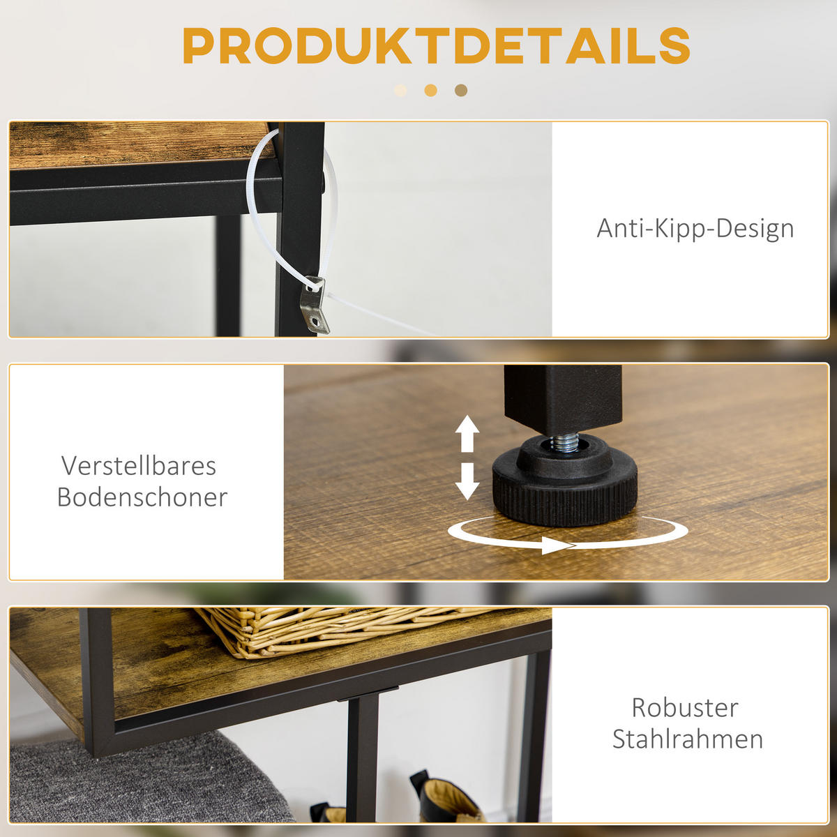 KONSOLENTISCH Flurtisch mit 4 Ebenen Stahlbeine für Diele Braun 99,6x33,6x74cm - Braun, Holzwerkstoff/Metall (99.6/33.6/74cm) - HOMCOM
