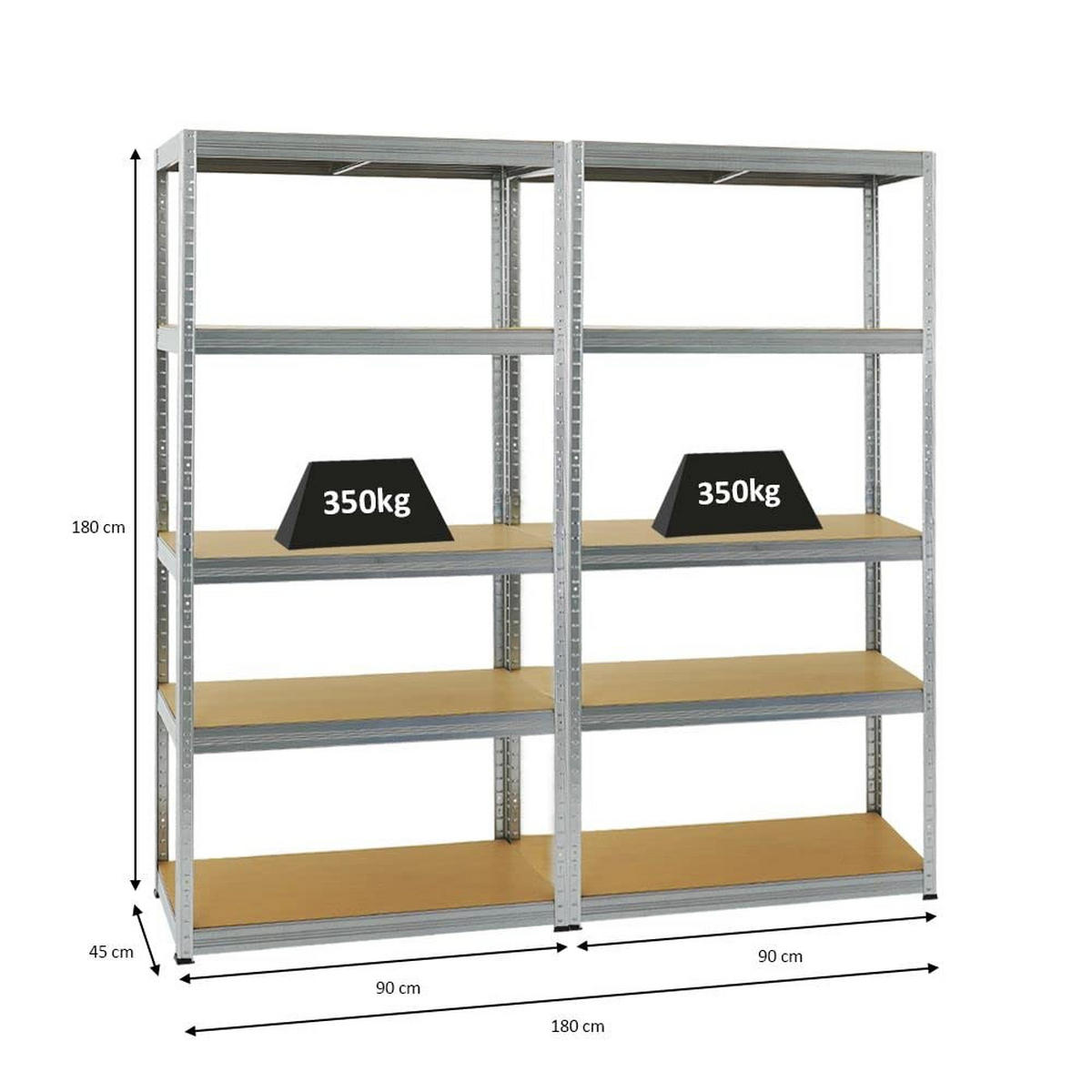 SCHWERLASTREGAL Slim Elephant S 2er-Set mit 2x 180x90x45 cm 5 Ebenen Fachlast 350 kg Verzinkt - Silberfarben, Metall (180/180/45cm) - PROREGAL