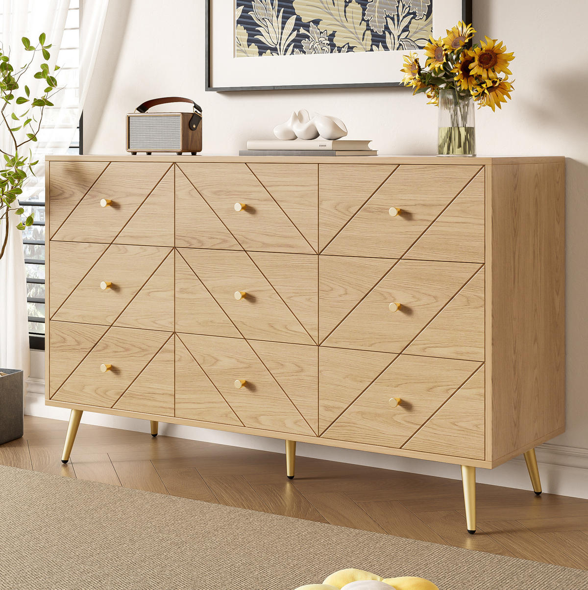 KOMMODE aus Spanplatte 120x39x80 cm Natur mit 9 Schubladen und Eisenbeinen - Naturfarben, Holzwerkstoff (39/80/120cm) - IVMEU