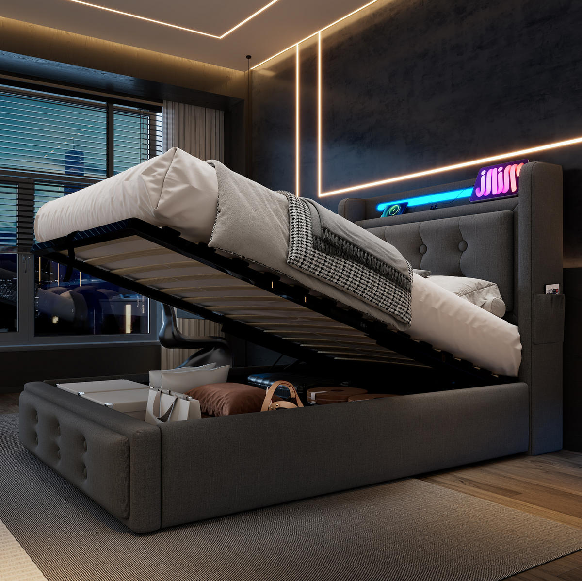 POLSTERBETT 90/200 cm Grau aus Baumwoll-Leinenstoff mit LED und Ladefunktion - Grau, Textil (90/200cm) - OKMYHOME