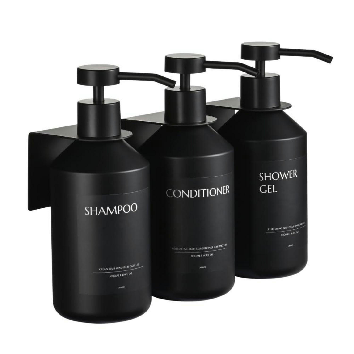 SEIFENSPENDER Set Schwarz 3-teilig 500ml Wandmontage Ohne Bohren - Schwarz, Kunststoff (8/23/20cm)