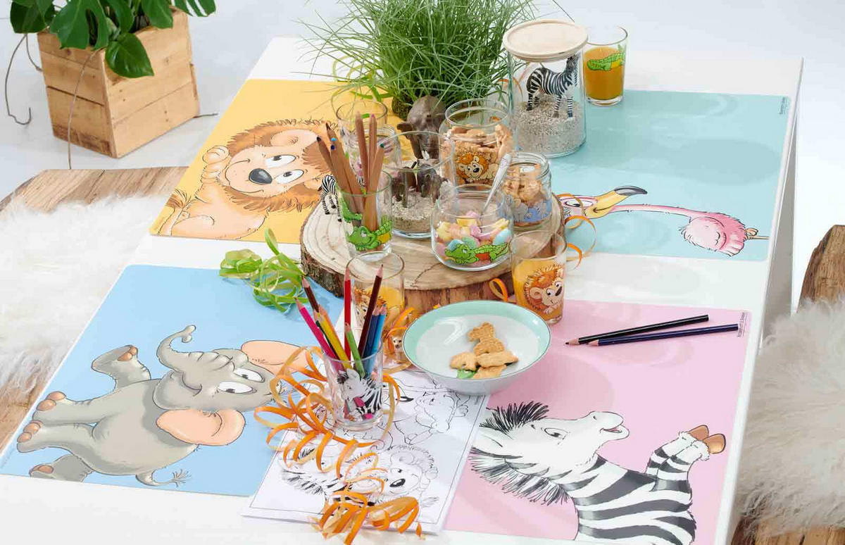 KINDERGESCHIRR + TISCHMATTE Happy Zoo Flamingo 4er Set - Türkis, Keramik (1/1/1cm) - Ritzenhoff Breker