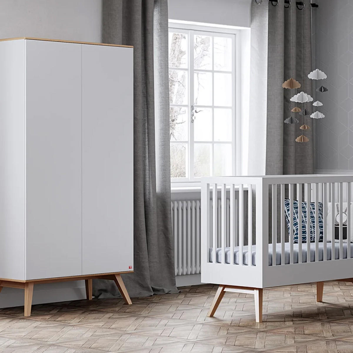 KLEIDERSCHRANK mit Kleiderstange, 8 Regalen, und 2 Türen, L100 x H207cm - Nature - Weiß, Holzwerkstoff (100/207.5/58cm) - Calicosy