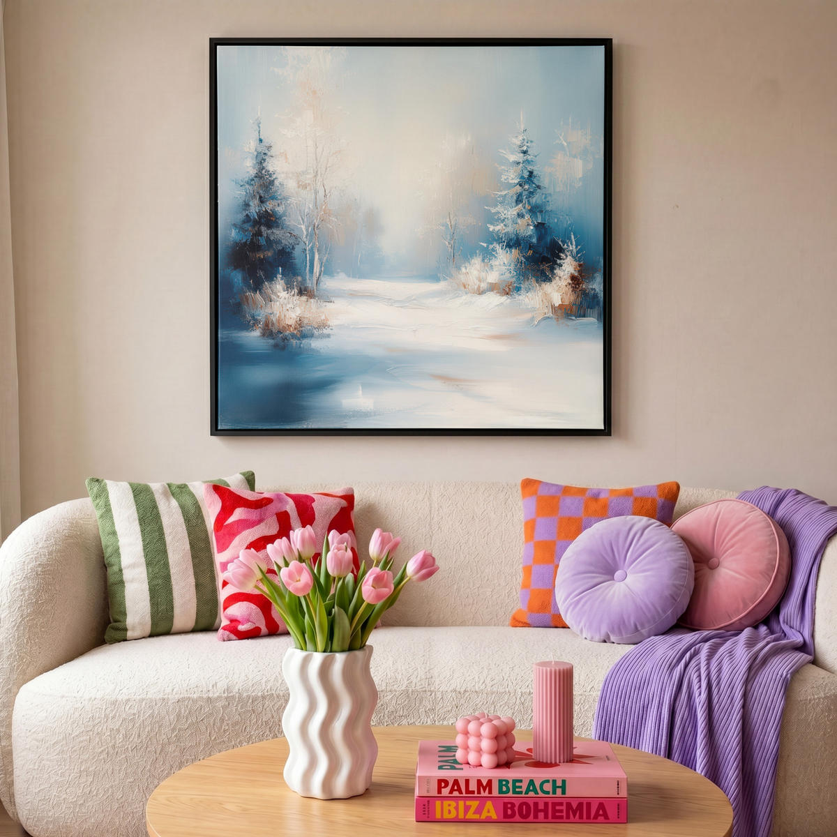 LEINWAND Bilder mit Rahmen - Wald – Winter – Natur – Abstrakt – Schnee - 90x90 - Weiß, Textil (90/90cm) - MuchoWow