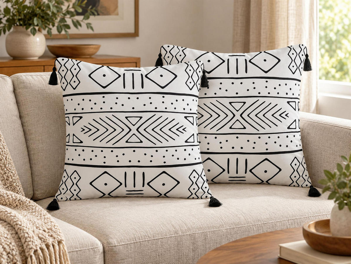 DEKOKISSEN 2er-Set Weiß 45/45 cm Schefflera - Weiß, Textil (45/45cm) - Beliani
