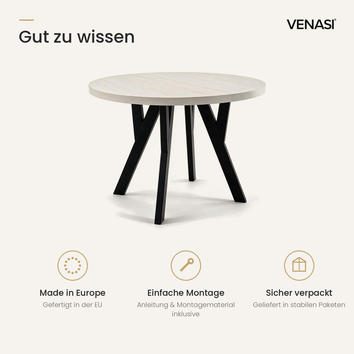 ESSTISCH ausziehbar rund 90-190 cm ATO Sosna, Auszugstisch mit Einlegeplatte - Schwarz/Kieferfarben, Holzwerkstoff (90/90/77cm) - VENASI MÖBEL