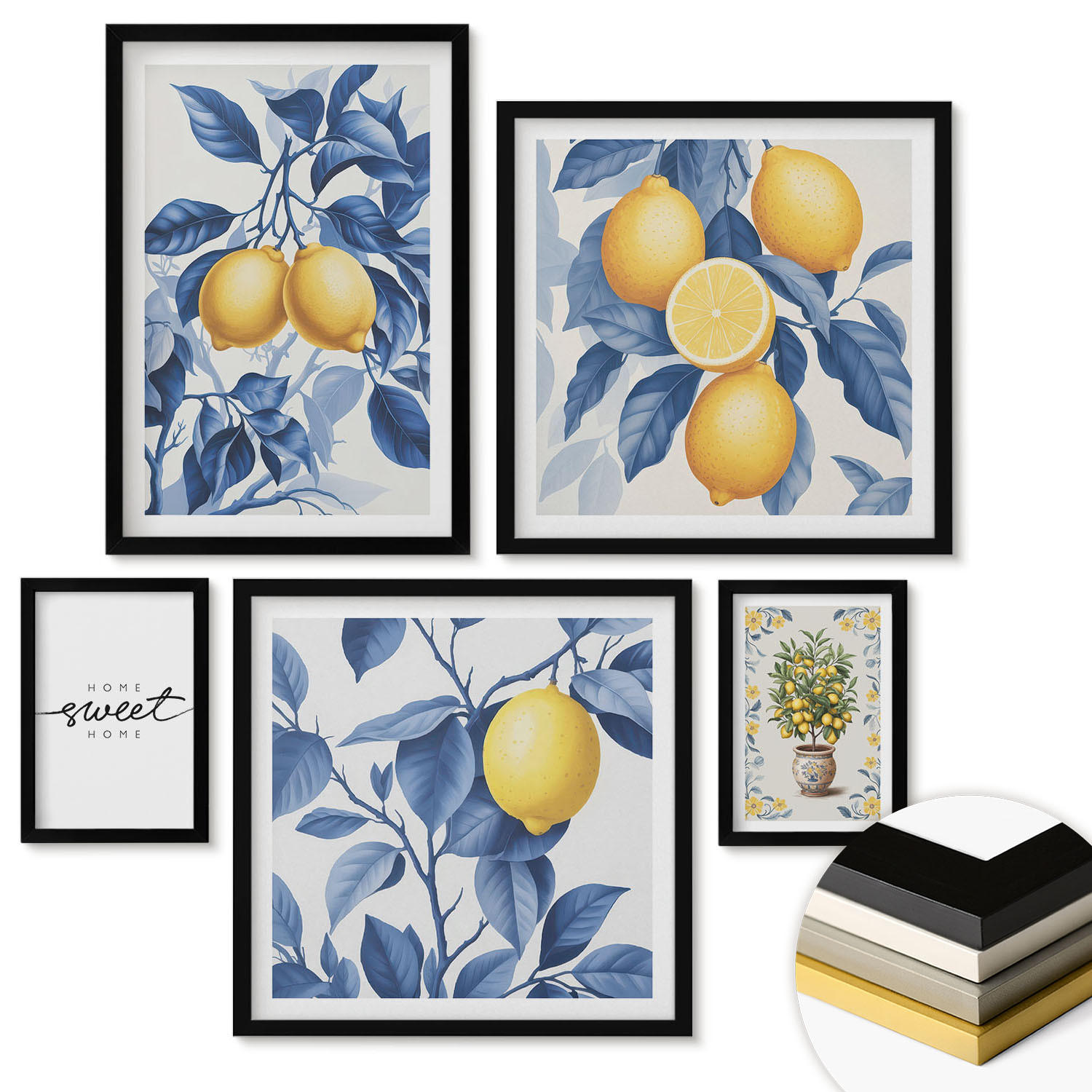WANDBILDER 5er-Set - 50x50 cm & 20x30 cm & 40x60 cm Schwarzer Rahmen - Zitronenzweige mit blauen Blättern - Schwarz, Kunststoff (40/60cm) - ArtPrintCave