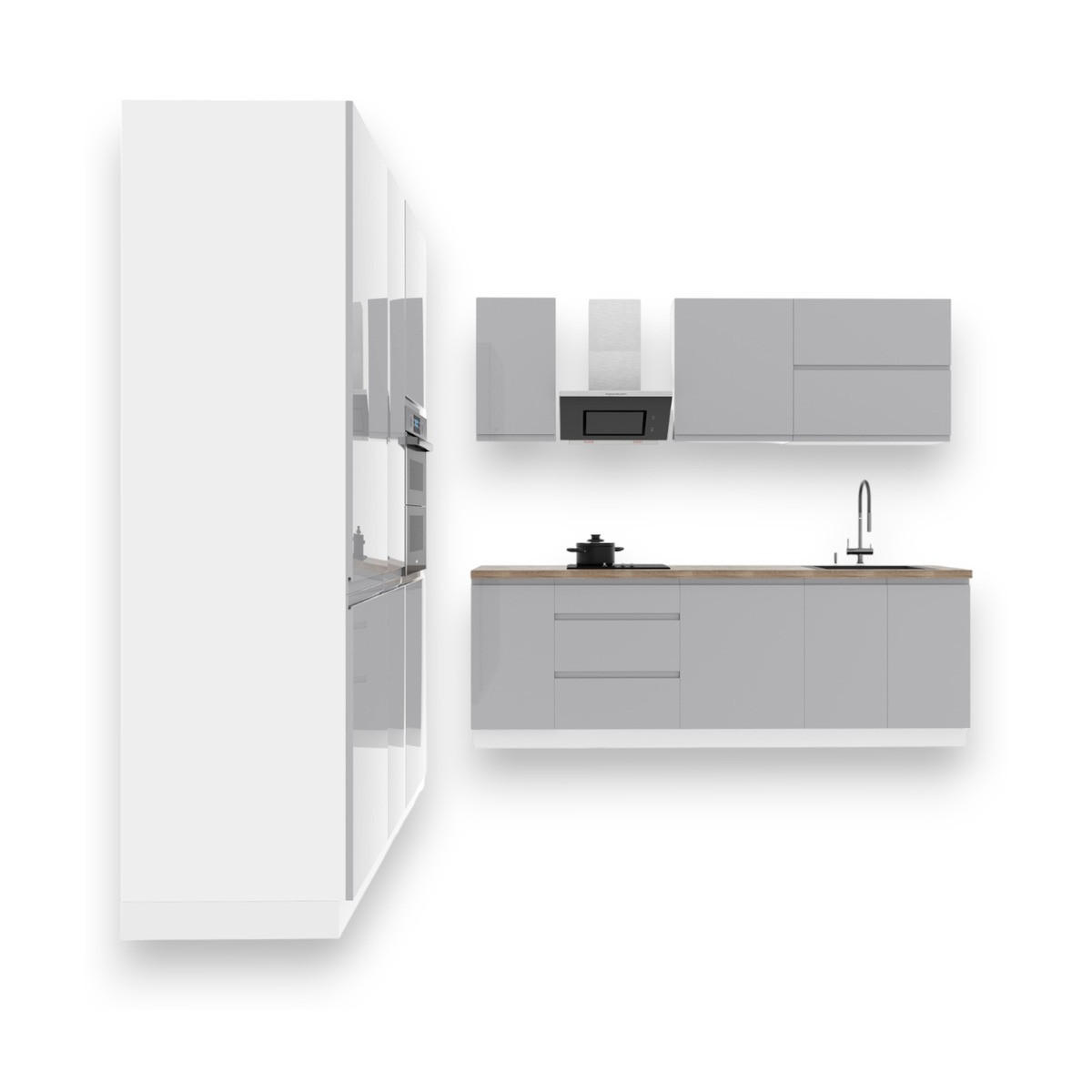 KÜCHENLEERBLOCK – 240 cm – K65-G400 – Velmora – Grau – ohne E-Geräte - Grau, Holzwerkstoff (240/212/160cm) - ROYAL24_MARKT