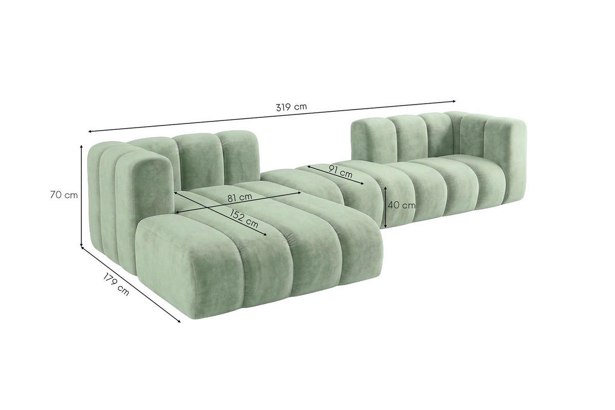 ECKSOFA Modulares In L-Form, Velvet-Stoff Riviera, Mintz, Links, GRAND 319 cm - Mintgrün, Holz (319/175cm) - Kaiser Möbel