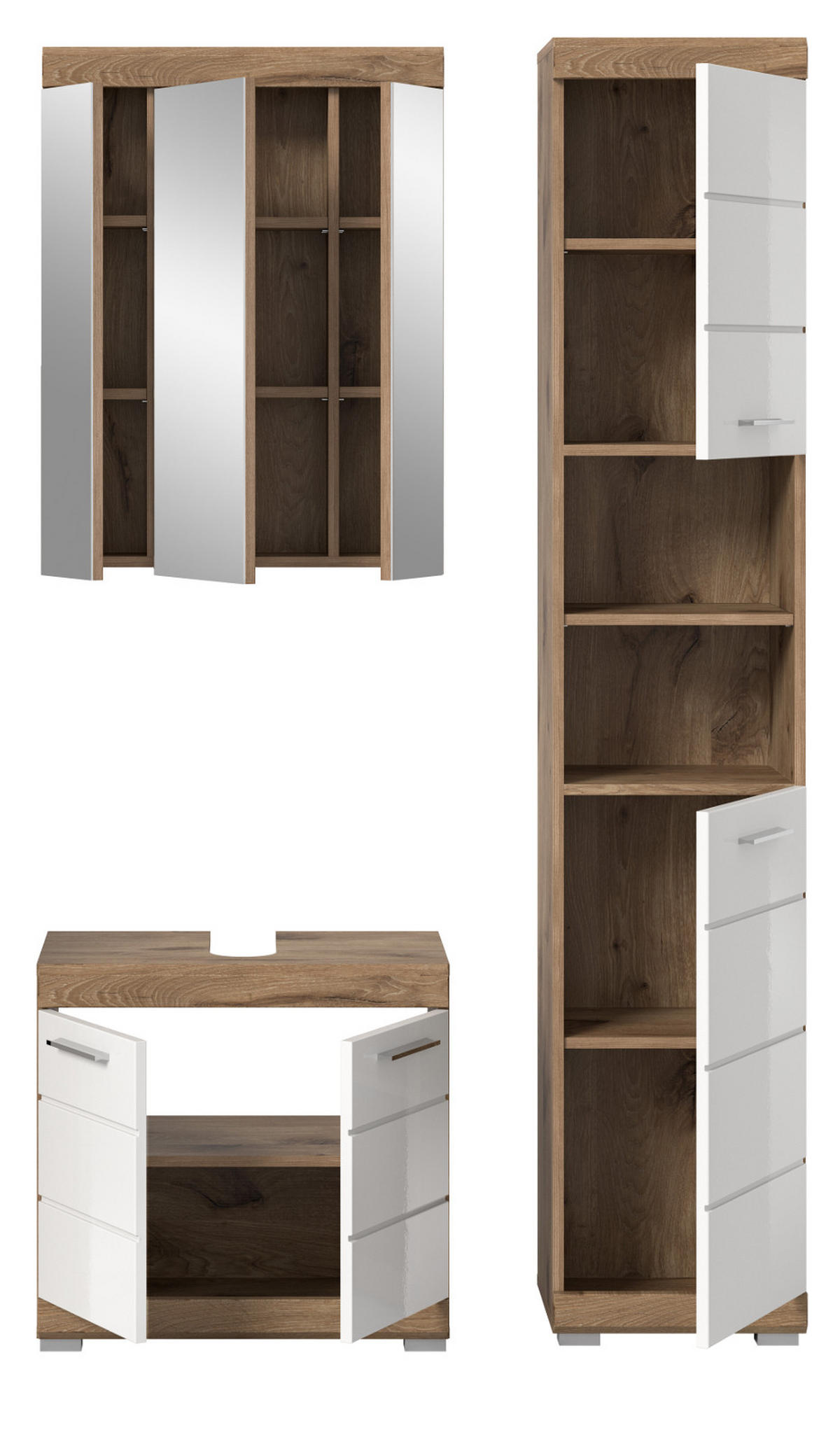 BADMÖBEL-SET weiß Hochglanz, Eiche 3-teilig 112 cm mit viel Stauraum - Weiß Hochglanz/Eichefarben, Glas/Holzwerkstoff (112/191/34cm) - Inn.Furn