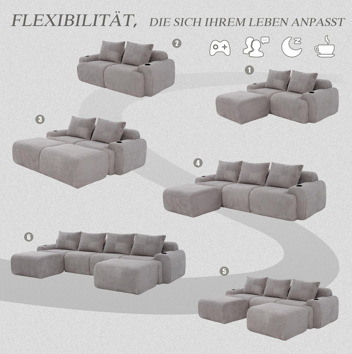WOHNLANDSCHAFT Modulares 4-Sitzer-Sofa 333/174/80 cm hellgrau aus Cord mit 2 Hockern, Cupholder und Seitentasche - Hellgrau, Textil (174/80/333cm) - Modenvie