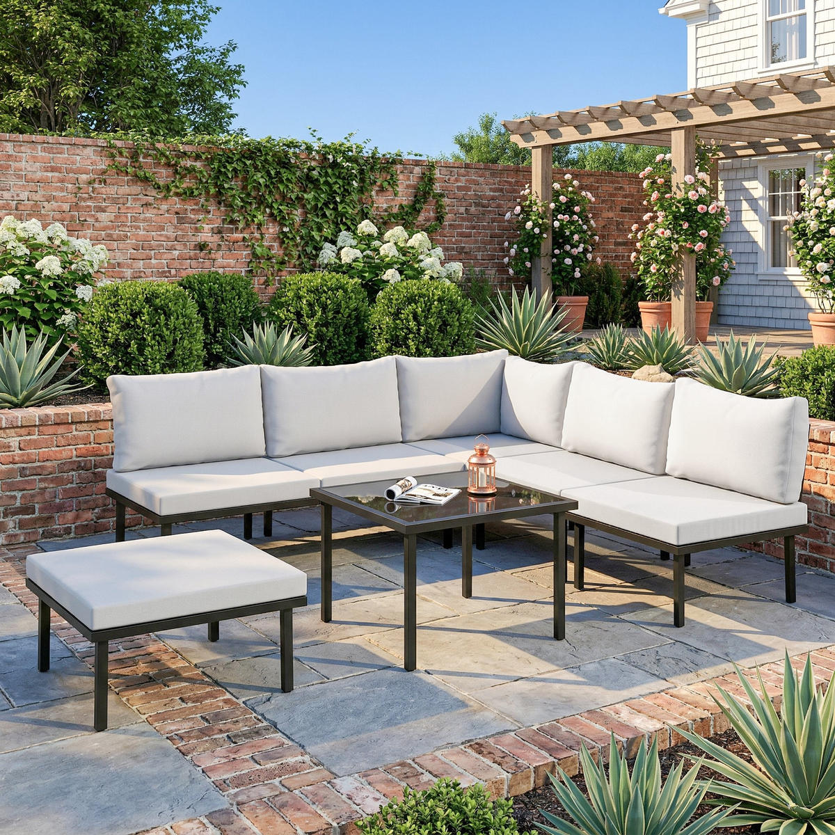LOUNGEGARNITUR DE-13539 6-sitzig modulbar, mit Glastisch Hellgrau - Hellgrau, Metall - ComfortXL