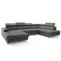 WOHNLANDSCHAFT CORENO Grau Boucle-Stoff mit Schlaffunktion - Grau, Holz (345/88/190cm) - MASSENO