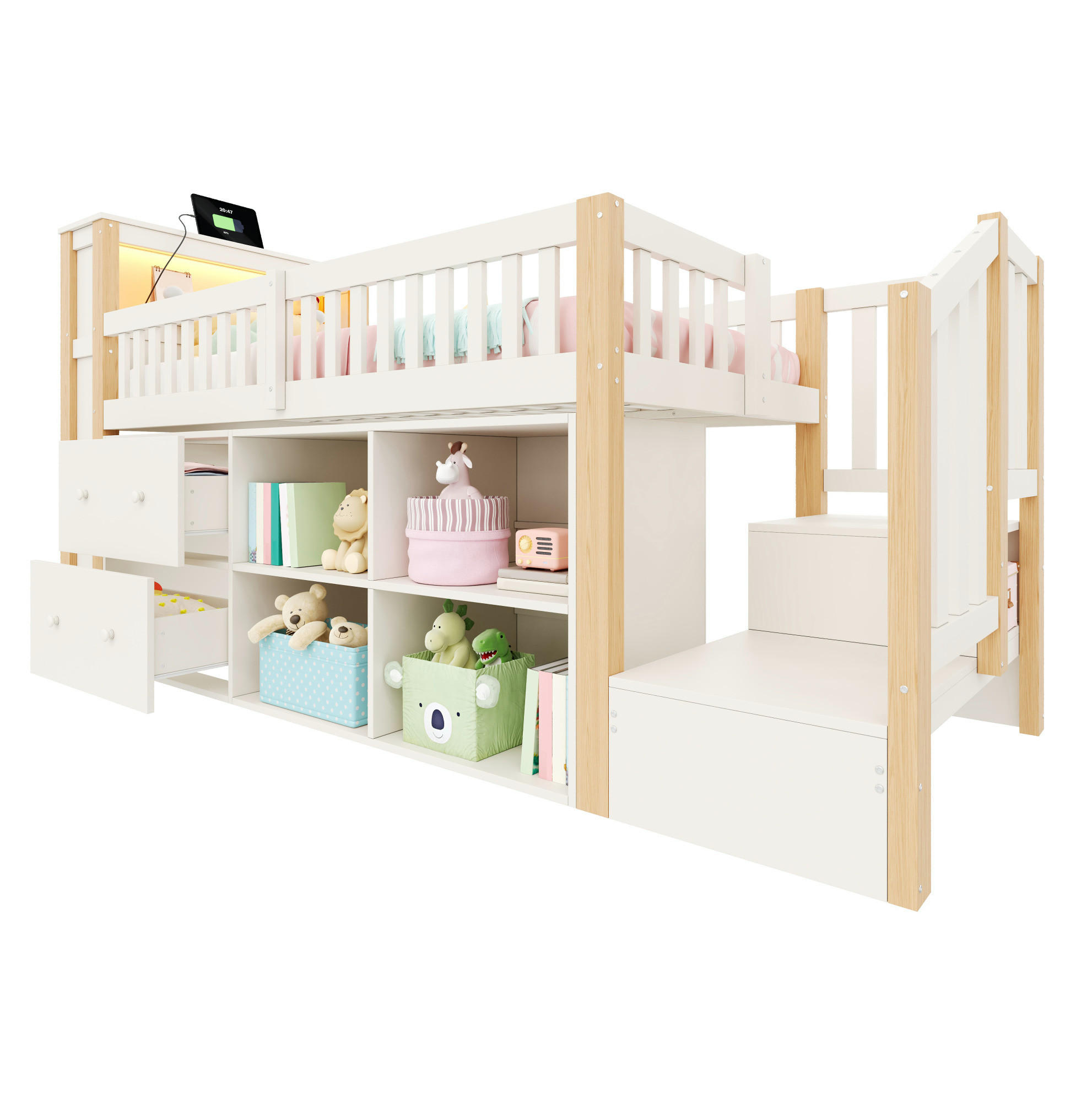 HOCHBETT Kiefernholz & MDF 90x200 cm Natur mit Stauraum, Leiterschrank, USB/USB-C und LED - Naturfarben, Holzwerkstoff (90/200cm) - Modfu