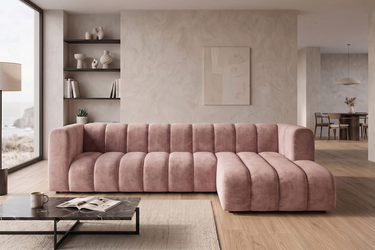 ECKSOFA Modulares In L-Form, Velvet-Stoff Riviera, Hellrosa, Rechts, GRAND 318 cm - Hellrosa, Holz (318/179cm) - Kaiser Möbel