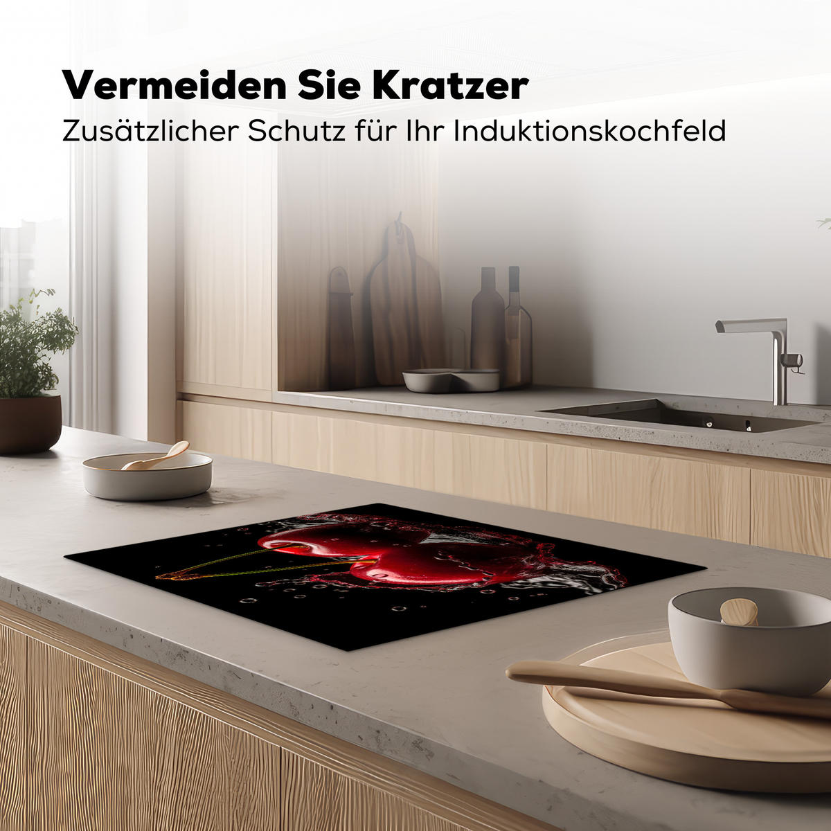 HERDABDECKPLATTE Kirsche - Rot - Frucht - Wasser - Schwarz Herdabdeckung Induktionsfeld 65x52 cm - Kirschrot, Kunststoff (65/52/0.2cm) - MuchoWow