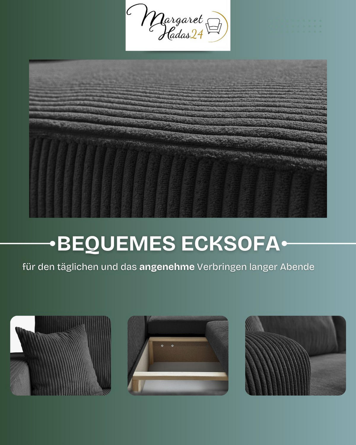 ECKSOFA Sofia in L-Form 277 x 143 cm Schlaffunktion Bettkasten Couch Cord universale Seite, graphit - Grau, Kunststoff (143/83/277cm) - Margaret Hadas24