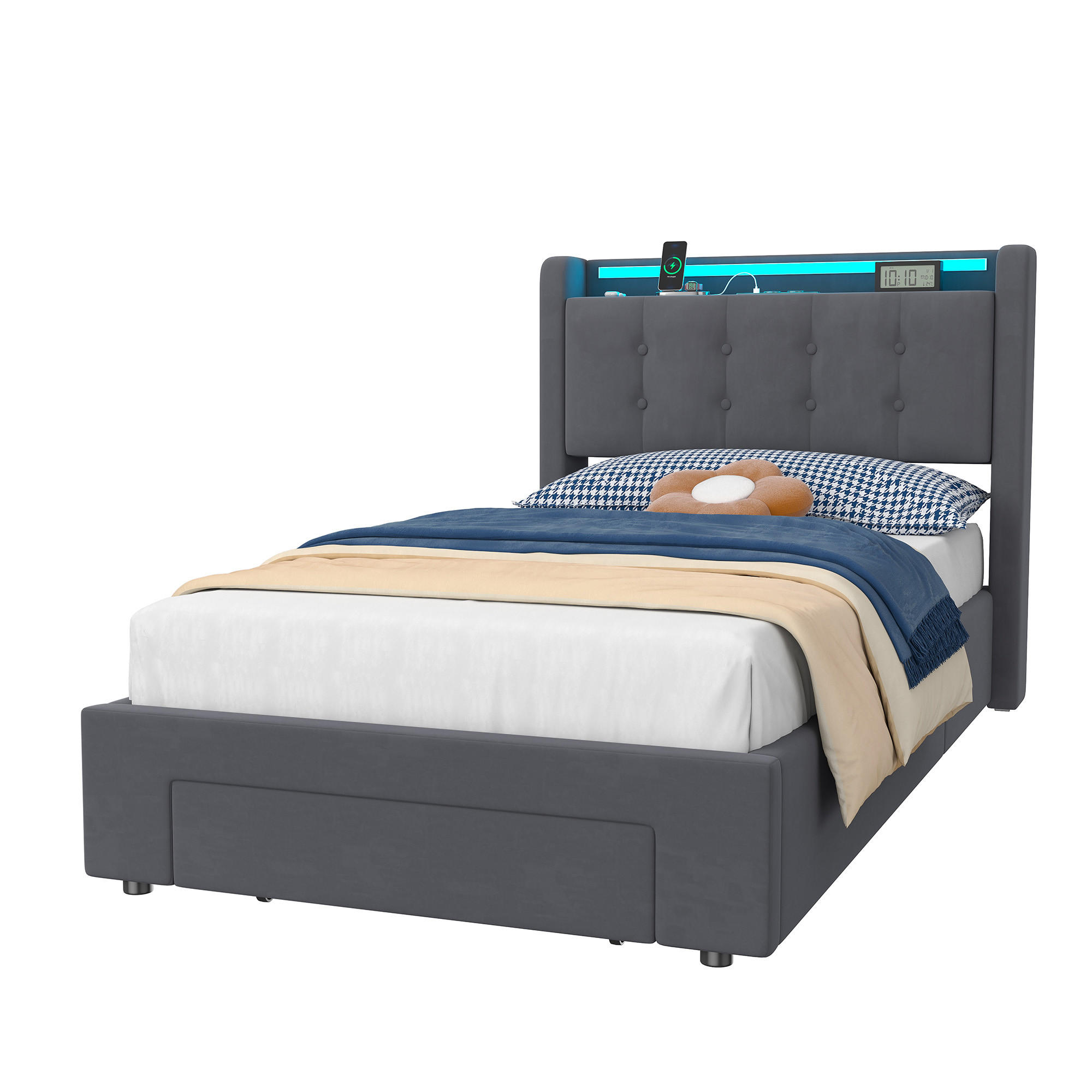POLSTERBETT 90/190 cm mit Stauraum und Steckdose, mit Schubladen, ohne Matratze - Grau, Holzwerkstoff/Textil (90/190cm) - STILVORA