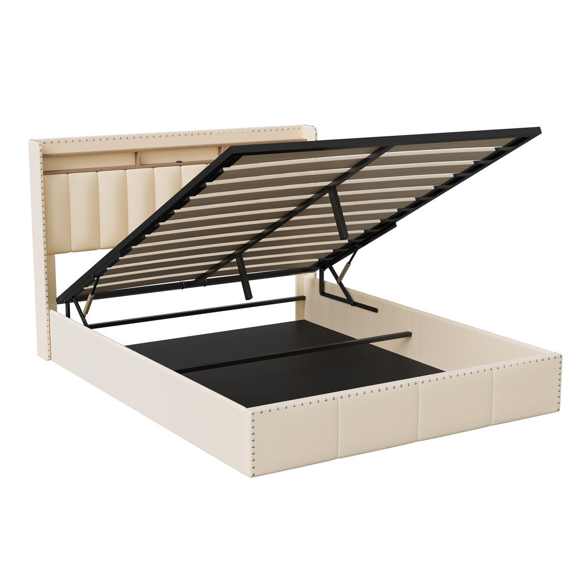 POLSTERBETT 140x200 cm, Beige, Boxspringbett mit Stauraum, 2 USB, LED - Beige, Textil/Metall (140/200cm)