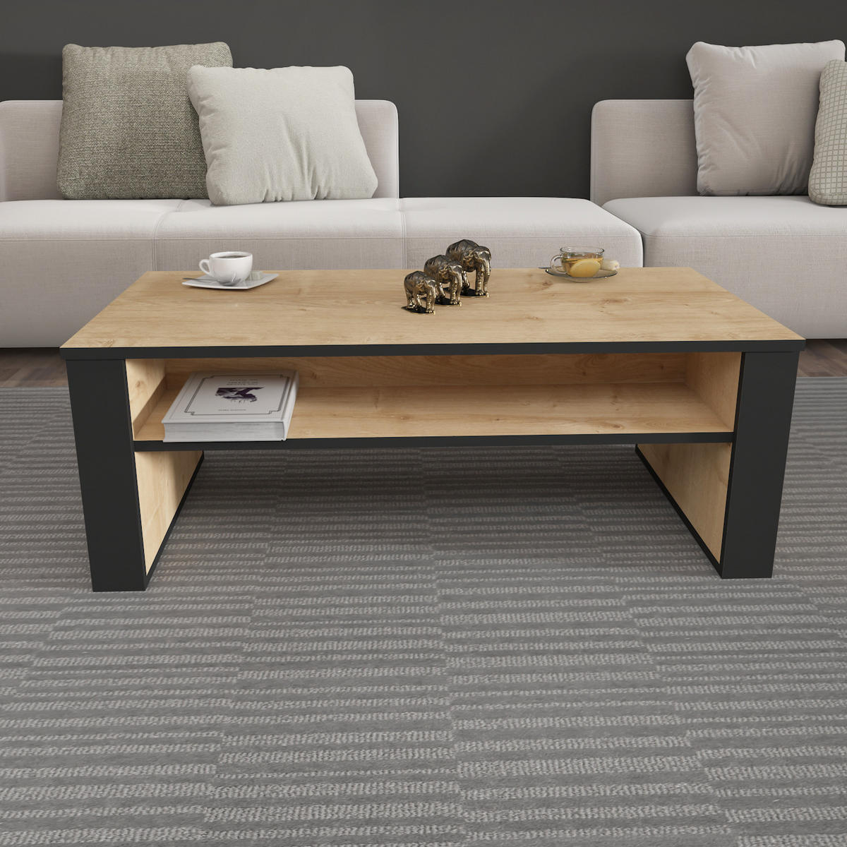 COUCHTISCH Manhattan Grau - Eichefarben/Schwarz, Holzwerkstoff (110/60/40cm) - Decorotika