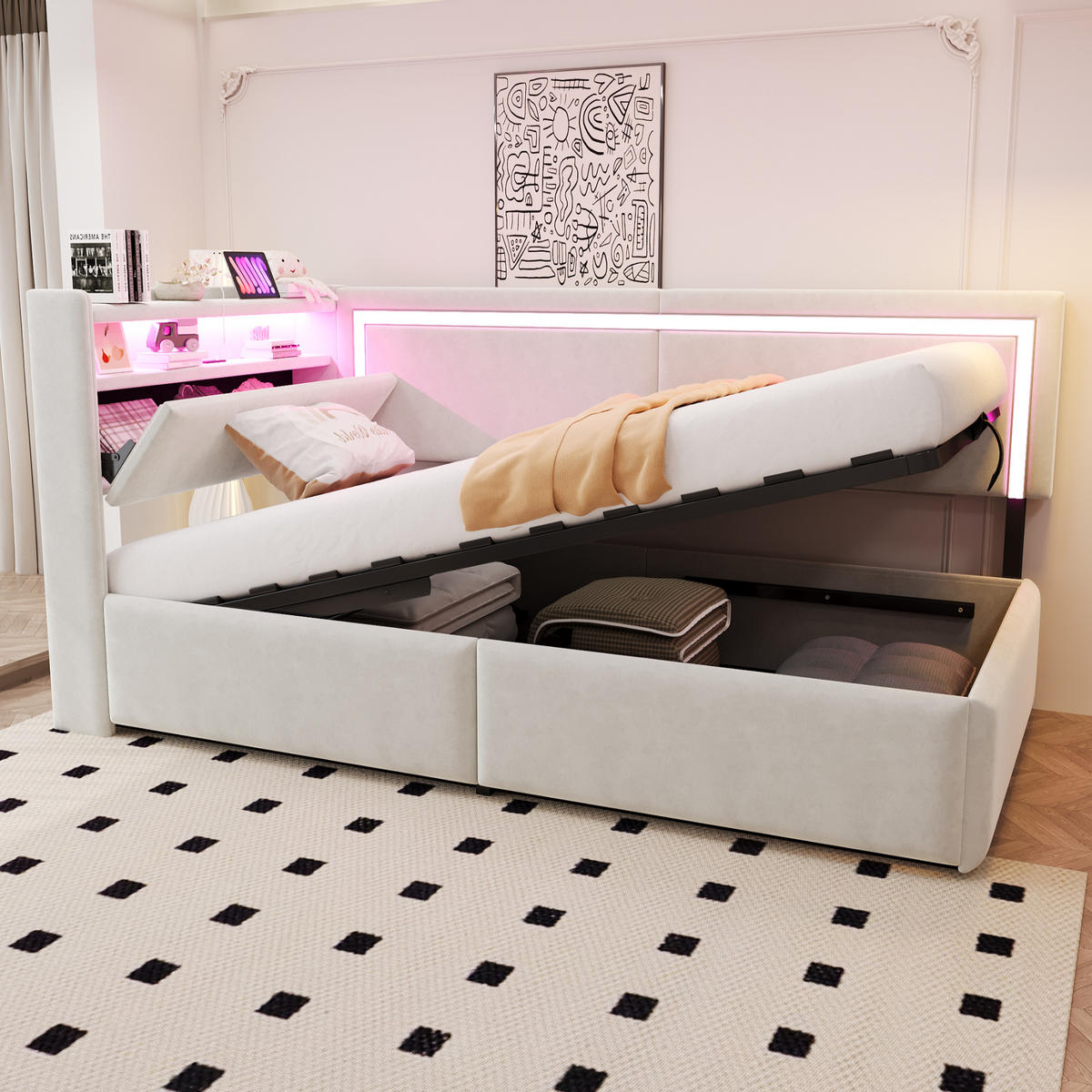 POLSTERBETT 90/200 cm beige aus Samt mit LED und USB und Stauraum - Beige, Textil (90/200cm) - OKWISH