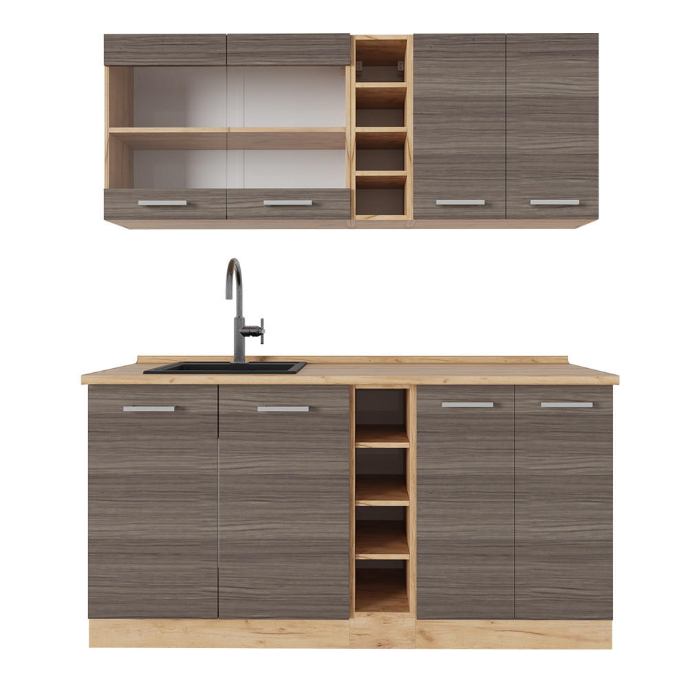 SINGLEKÜCHE R-Line Edelgrau/Goldkraft Eiche 160 cm ohne Arbeitsplatte - Eiche Wotan/Braun, Holzwerkstoff (160/81.6/46cm) - Vicco