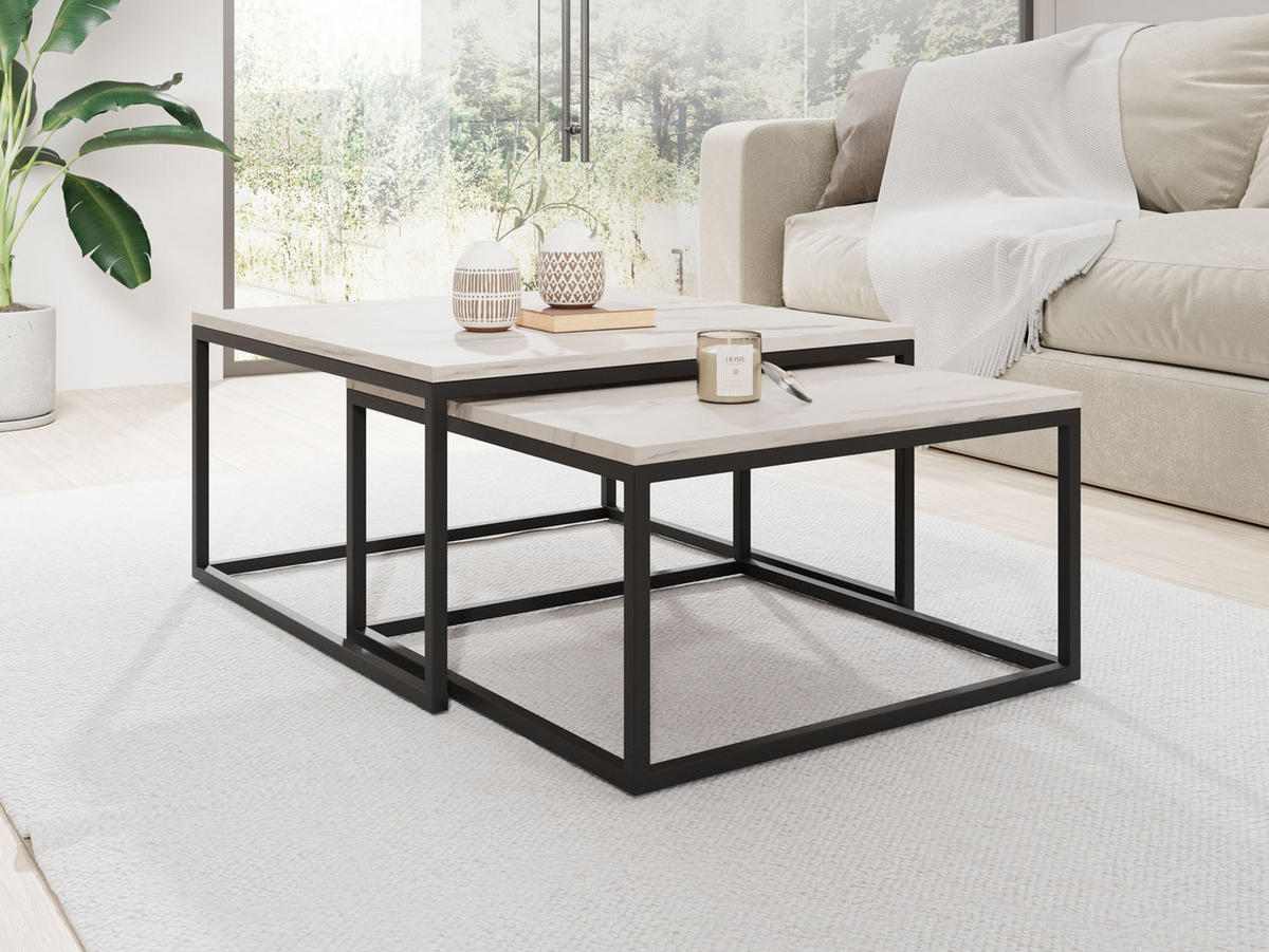 KONFERENČNÉ Stolíky Vella 2er-Set Quadratisch, Marmor Weiß 76/76/39cm + 66/66/34 cm - čierna/biela, kov/kompozitné drevo (76/76/39cm) - WFL GROUP