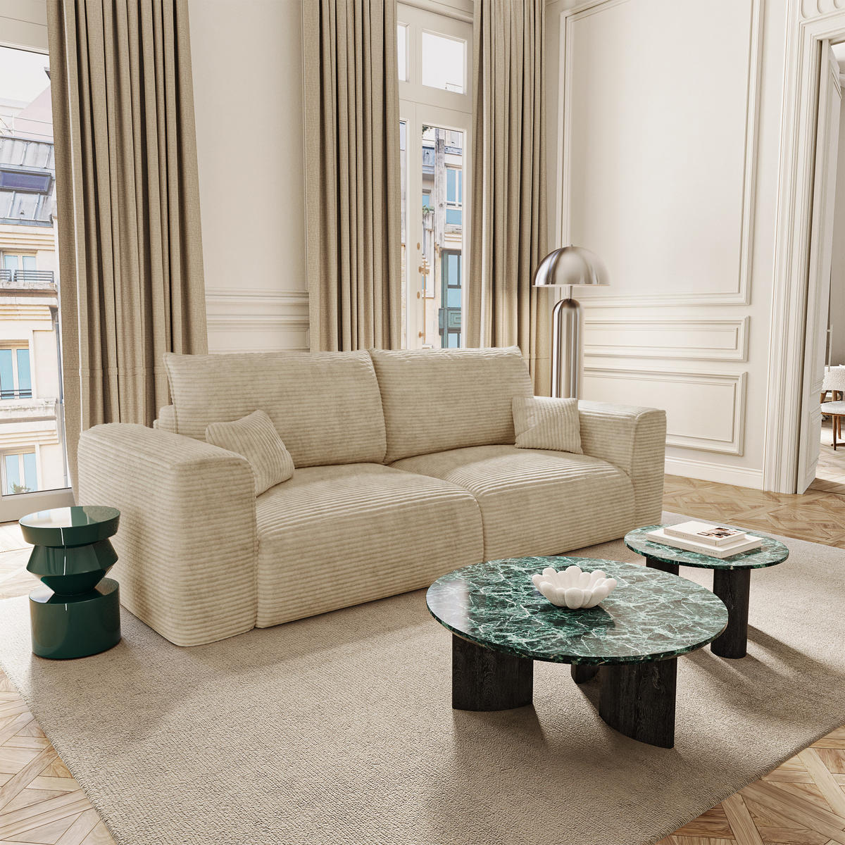SCHLAFSOFA mit Stauraum COMO Cord Beige 254cm - Beige, Textil (254/78/95cm) - Premium Interiors