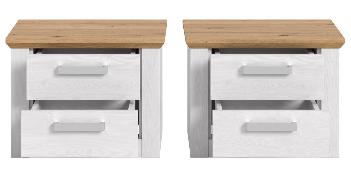 NACHTTISCH 2er Set weiß Lärche, Eiche Artisan Landhaus 56 x 43 cm, 2x Nachtkommode mit Schubkästen - Eichefarben/Silberfarben, Holzwerkstoff/Kunststoff (56/43/39cm) - Inn.Furn