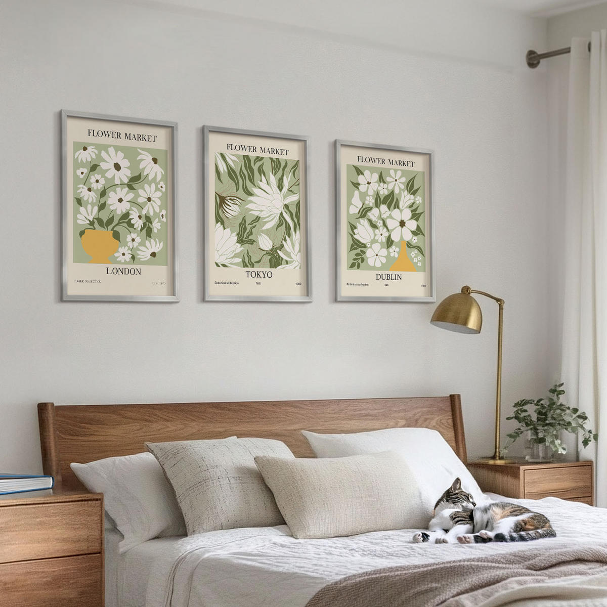 WANDBILDER 3er Set - 40x60 cm Silberner Rahmen - Blumenmuster London Tokio Dublin - Silberfarben, Kunststoff (40/60cm) - ArtPrintCave