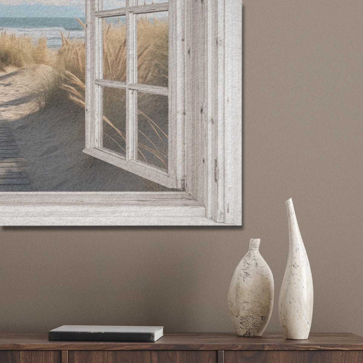 AKUSTIKBILD Fenster - Meer - Küste - Natur - Ausblick - Strand - Wattenmeer Akustikpaneele 90x60 cm - Beige, Kunststoff (90/60/0.9cm) - MuchoWow