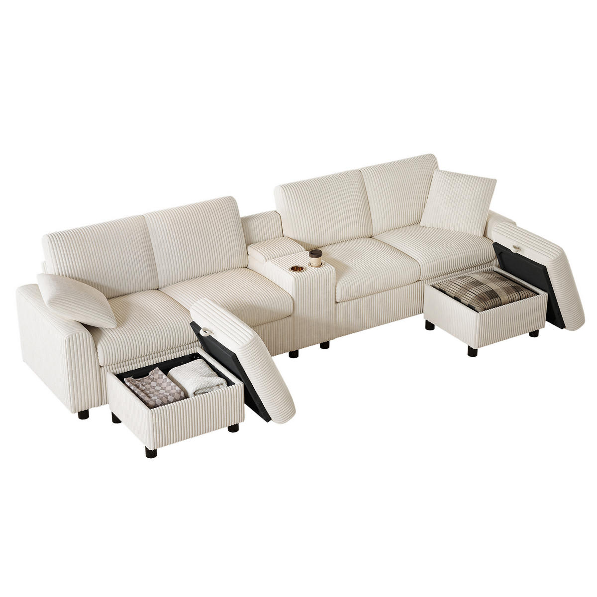 WOHNLANDSCHAFT Corduroy Beige mit 2 Hockern und Tisch mit USB und Type-C-Anschlüssen 315/81/135 cm - Beige, Textil (315/81/135cm) - OKWISH
