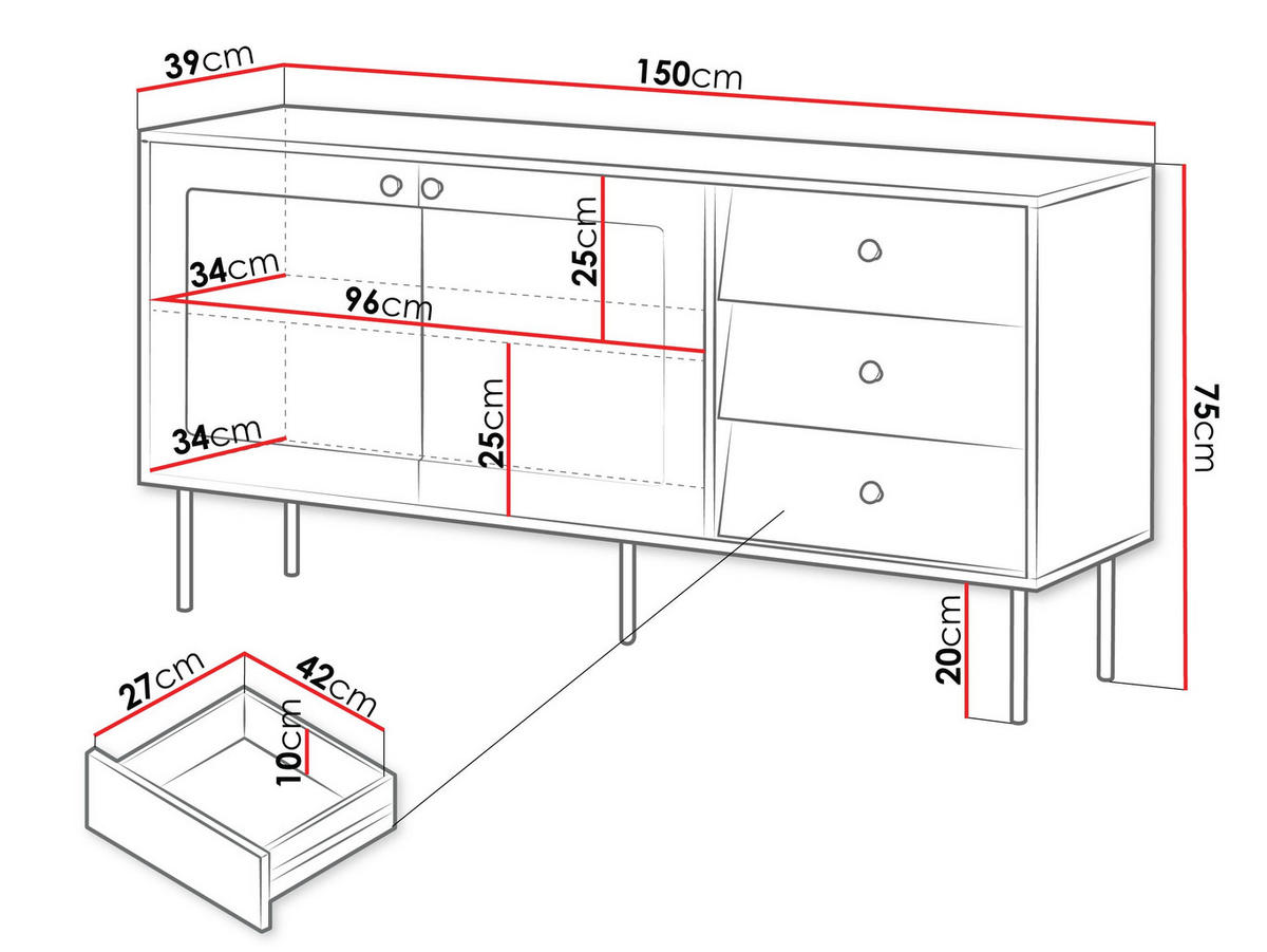 SIDEBOARD Valerio 150 - Schwarz/Weiß, Holzwerkstoff/Kunststoff (150/75/39cm) - MIRJAN24