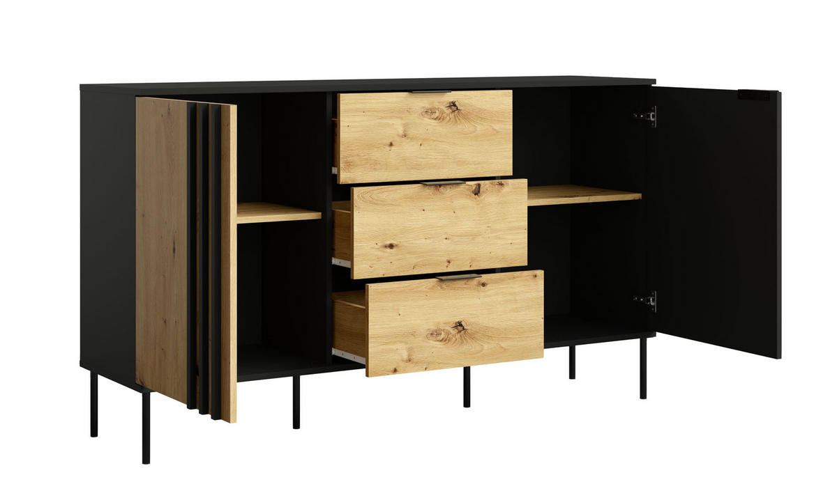 SIDEBOARD Rodgau Eiche Artisan / Schwarz 165 / 40 / 92cm - Eichefarben/Multicolor, Holz/Holzwerkstoff (165/92/40cm) - Feldmann-Wohnen